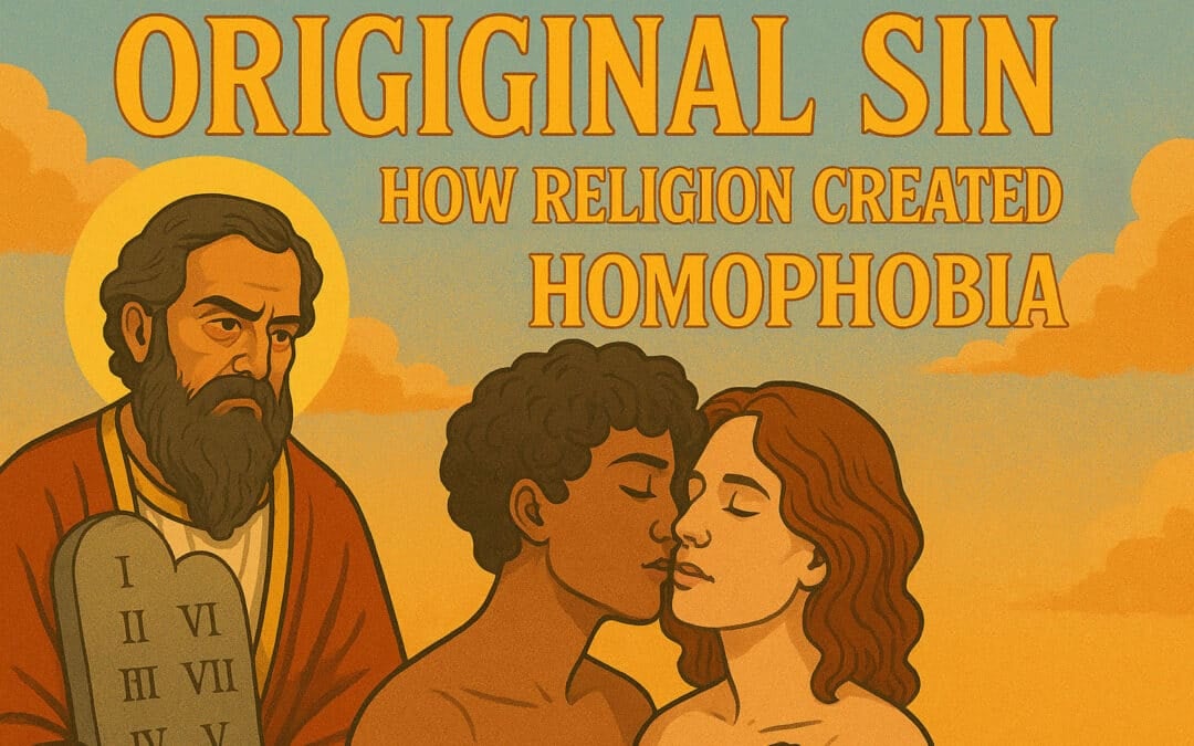 Two men kiss below the disapproving eyes of a spiritual leader.