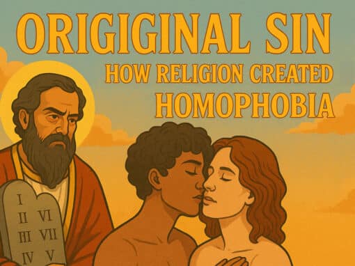 Two men kiss below the disapproving eyes of a spiritual leader.